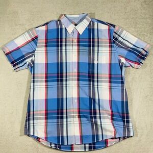 Chaps Button Down Shirt Mens XXL Blue Pink Plaid Short Sleeve Easy Care